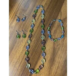 Purple Blue Green Glass Bead Link Necklace, Bracelet and Earring Lot 16"